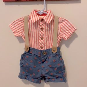 Diaper button down with crab shorts and suspenders